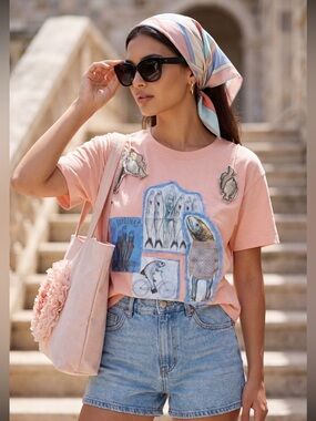 Appliqué and Embroidered Peach Fish Graphic Tee